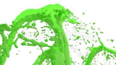 美丽的喷泉绿色液体飞溅，喷泉3D白色背景与阿尔法哑光。 许多绿色油漆流